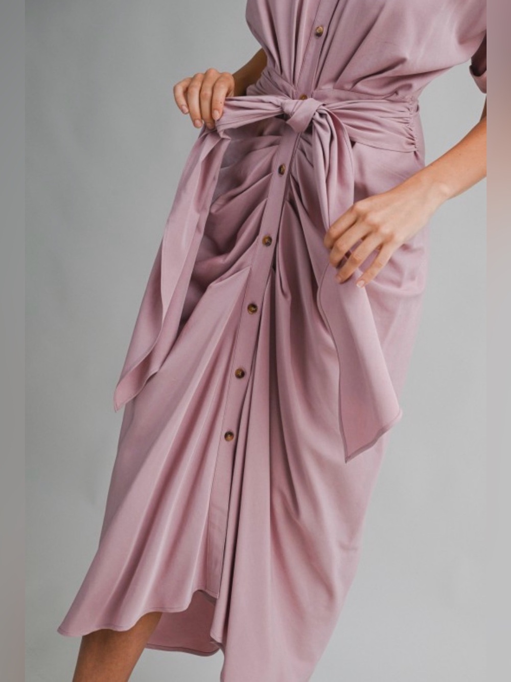 A705. Mable Tie-Front Midi Shirt Dress in Dusty Mauve - Picture 6 of 6